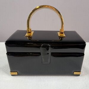 Lewis Box Handbag Womens S Black Patent Vintage Gold Metal Handle Mid Century